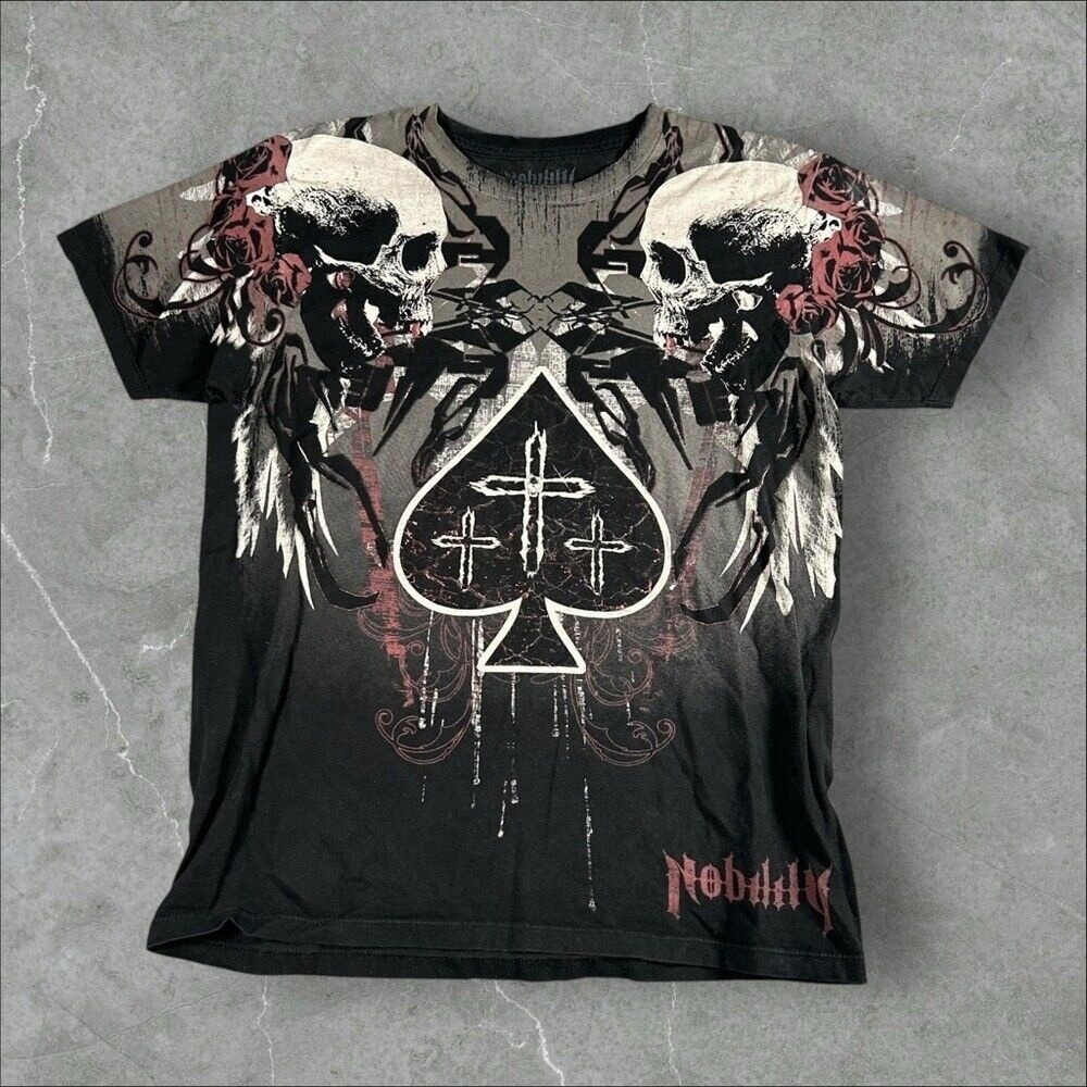 Nobility Shirt Men Medium Black Y2K Cybergoth Affliction AOP Skull Rare Emo Punk